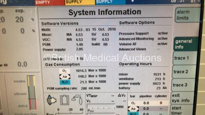 Drager Primus Infinity Empowered Anaesthesia Machine Software Version - 4.53.03 Operating Hours - Ventilator 213 h - Mixer 1531 h with Hoses (Powers Up) *S/N ASCJ-0073* - 2