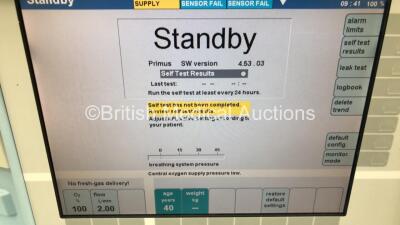 Drager Primus Infinity Empowered Anaesthesia Machine Software Version - 4.53.03 Operating Hours - Ventilator 10598 h - Mixer 52493 h with Hoses (Powers Up) *S/N ASCJ-0060* - 2