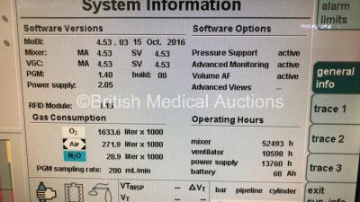 Drager Primus Infinity Empowered Anaesthesia Machine Software Version - 4.53.03 Operating Hours - Ventilator 10598 h - Mixer 52493 h with Hoses (Powers Up) *S/N ASCJ-0060* - 3