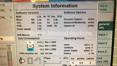 Drager Primus Infinity Empowered Anaesthesia Machine Software Version - 4.30.00 Operating Hours - Ventilator 8230 h - Mixer 39911 h with Hoses (Powers Up) *S/N ASCJ-0062* - 3