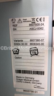 Drager Primus Infinity Empowered Anaesthesia Machine Software Version - 4.30.00 Operating Hours - Ventilator 8230 h - Mixer 39911 h with Hoses (Powers Up) *S/N ASCJ-0062* - 7