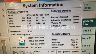 Drager Primus Infinity Empowered Anaesthesia Machine Software Version - 4.53.03 Operating Hours - Ventilator 337 h - Mixer 1627 h with Hoses (Powers Up) *S/N ASCJ-0077* - 3