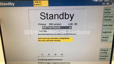 Drager Primus Infinity Empowered Anaesthesia Machine Software Version - 4.30.00 Operating Hours - Ventilator 7063 h - Mixer 10523 h with Hoses (Powers Up) *S/N ASCJ-0074* - 2