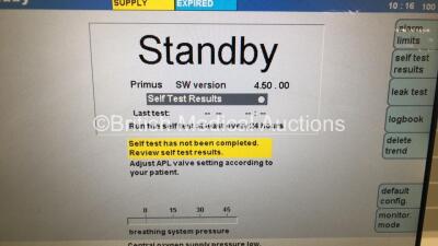 Drager Primus Infinity Empowered Anaesthesia Machine Software Version - 4.50.00 Operating Hours - Ventilator 3278 h - Mixer 11085 h with Hoses (Powers Up) *S/N ASEH-0130* - 2