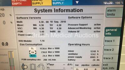 Drager Primus Infinity Empowered Anaesthesia Machine Software Version - 4.30.00 Operating Hours - Ventilator 1242 h - Mixer 5248 h with Hoses (Powers Up) *S/N ASCJ-0064* - 3