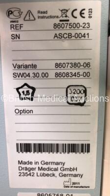 Drager Primus Infinity Empowered Anaesthesia Machine Software Version - 4.30.00 Operating Hours - Ventilator 992 h - Mixer 15612 h with Hoses (Powers Up) *S/N ASCB-0041* - 7