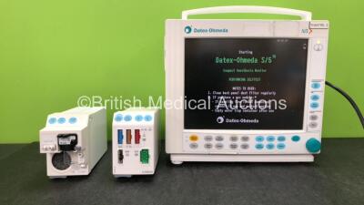 GE Datex Ohmeda S/5 Compact Anesthesia Monitor with 1 x GE E-CAiOV Module Including Spirometry Options and D fend Water Trap, 1 x GE E-PRESTN Module Including ECG, SpO2, NIBP, T1-T2 and P1-P2 Options (Powers Up)