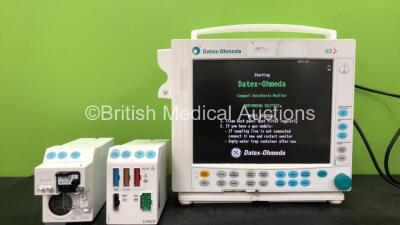 GE Datex Ohmeda S/5 Compact Anesthesia Monitor *Mfd 11-2005* with 1 x GE E-CAiOV Module Including Spirometry Options and D fend Water Trap, 1 x GE E-PRESTN Module Including ECG, SpO2, NIBP, T1-T2 and P1-P2 Options (Powers Up with Damaged Casing-See Photo)