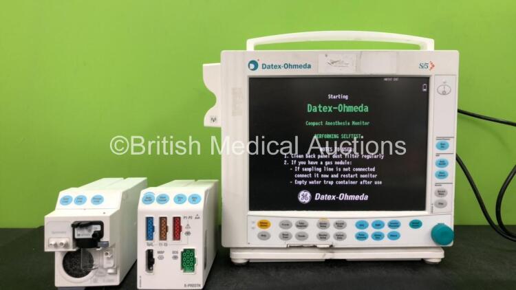GE Datex Ohmeda S/5 Compact Anesthesia Monitor *Mfd 11-2005* with 1 x GE E-CAiOV Module Including Spirometry Options and D fend Water Trap, 1 x GE E-PRESTN Module Including ECG, SpO2, NIBP, T1-T2 and P1-P2 Options (Powers Up with Damaged Casing-See Photo)
