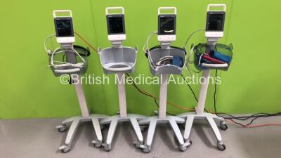 4 x Mindray VS-600 Vital Signs Monitors with SPO2 and NIBP Options on Stands with Various Leads - See Photos (All Power Up) *SN FU-8B014739 / FU-43000935*