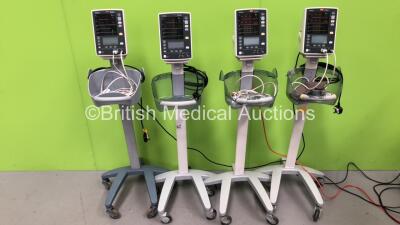 4 x Mindray Datascope Accutorr V Vital Signs Monitors on Stands with Various Leads - See Photos (All Power Up) *SN A752028012 / A7518978G2 / A7519248G2 / A7504609D0*