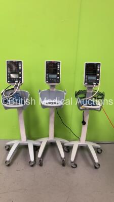 3 x Mindray Datascope Accutorr V Vital Signs Monitors on Stands with Various Leads - See Photos (All Power Up) *SN A752026212 / A7518983G2 / A751531913*