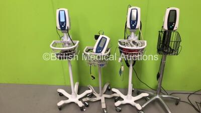 4 x Welch Allyn Spot Vital Signs Monitors on Stands with Power Supplies and Various Leads (All Power Up) *SN 200914521*