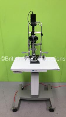 Haag Streit Bern BM 900 V Slit Lamp with Binoculars, 2 x 10x Eyepieces and Chin Rest on Table (Broken Power Dial on Table - See Photo) *C*