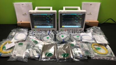 2 x EDAN iM60 Touch Screen Patient Monitors Including ECG, SpO2, NIBP, IBP1, IBP2, T1, T2 and CO2 Module Holder Options *Mfd 2020* with 2 x Batteries, 2 x BP Hoses, 2 x BP Cuff, 2 x IBP Pressure Transducers, 2 x SpO2 Sensors, 2 x CO2 Sampling Lines, 2 x A