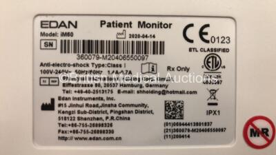 2 x EDAN iM60 Touch Screen Patient Monitors Including ECG, SpO2, NIBP, IBP1, IBP2, T1, T2 and CO2 Module Holder Options *Mfd 2020* with 2 x Batteries, 2 x BP Hoses, 2 x BP Cuff, 2 x IBP Pressure Transducers, 2 x SpO2 Sensors, 2 x CO2 Sampling Lines, 2 x A - 4