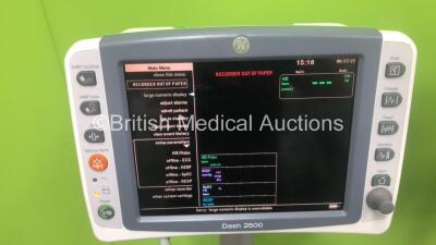 3 x GE Dash 2500 Patient Monitors Including ECG, SpO2 and NIBP Options on Stands *Mfd 2014 / 2014 /2009* (2 x Power Up, 1 x No Power) *SCG09067915WA / SCG14040058WA / SCG14040057WA* - 2