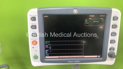 3 x GE Dash 2500 Patient Monitors Including ECG, SpO2 and NIBP Options on Stands *Mfd 2014 / 2014 /2009* (2 x Power Up, 1 x No Power) *SCG09067915WA / SCG14040058WA / SCG14040057WA* - 3