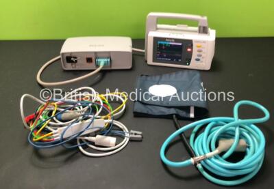 Philips M8102A IntelliVue Portable Patient Monitor with ECG/Resp, SpO2, NBP, Temp and Press Options, 1 x 3 Lead ECG Lead, 1 x BP Cuff with Hose and 1 x Philips M8023A External Power Supply (Powers Up, Missing Badge - See Photos)