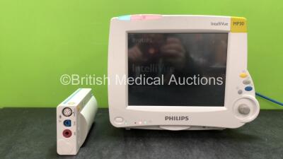 Philips IntelliVue MP30 Patient Monitor with 1 x Philips M3001A Opt C12 Module Including ECG/Resp, SpO2, and NBP Options (Powers Up with Damage-See Photos) *G* *SN DE22726279, DE72847062*