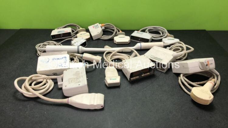 Job Lot of Ultrasound Transducers / Probes Including 1 x Philips L12-5 38mm Linear Array, 1 x GE S222, 1 x Siemens 45 15 156 L0850, 1 x ATL L7-4 Linear Array, 1 x Siemens 6.5EV13 (Worn Head), 1 x Siemens 3.5C40H, 2 x Toshiba PLF-705S and 1 x Toshiba PVF-3