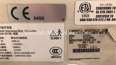 GE AMX 4 Plus - IEC Mobile X-Ray Model No 2275938 (Powers Up with Key - Key Included - General Marks / Damage to Machine - See Pictures) *S/N 1010124WK4* **Mfd 10/2006** - 4