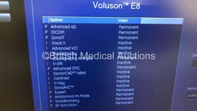 GE Voluson E8 Expert Flat Screen Ultrasound Scanner *S/N D19356* **Mfd 03/2013** Software Version EC200 (13.0.1.188) with 4 x Transducers / Probes (M6C Ref 5181441 *Mfd 01/2020* / RNA5-9-D Ref H48651MY *04/2008* / S4-10-D Ref 5394804 *Mfd 11/2012* and 3S- - 15