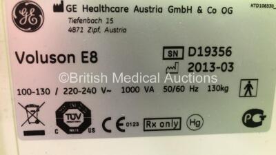 GE Voluson E8 Expert Flat Screen Ultrasound Scanner *S/N D19356* **Mfd 03/2013** Software Version EC200 (13.0.1.188) with 4 x Transducers / Probes (M6C Ref 5181441 *Mfd 01/2020* / RNA5-9-D Ref H48651MY *04/2008* / S4-10-D Ref 5394804 *Mfd 11/2012* and 3S- - 16