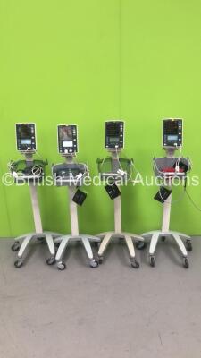 4 x Datascope Accutorr V Vital Signs Monitors on Stands with SPO2 Finger Sensor and BP Hose (All Power Up) *S/N A7515744B2 / A7516980E2 / A7516407C2 / A7501852G9*