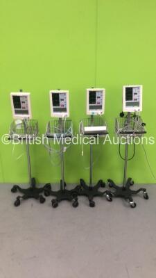 4 x Datascope Accutorr Plus Vital Signs Monitors on Stands with SPO2 Finger Sensors and BP Hoses (All Power Up) *S/N A718146-E1 / A736422-G4 / A718124-E1 / A79168-G9*