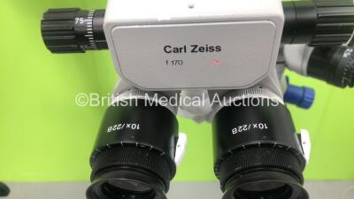 Zeiss OPMI VISU 150 Dual Operated Surgical Microscope with 2 x f170 Binoculars, 2 x Zeiss 12,5x Eyepieces, 2 x 10x/22B Eyepieces, Zeiss f200 APO Lens, Zeiss MediLive 3,8 Camera Control Unit on Zeiss S7 Stand (Powers Up with Good Bulb - Trim Damaged to Rea - 3