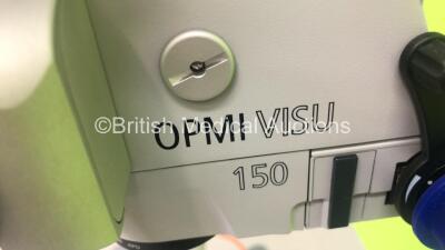 Zeiss OPMI VISU 150 Dual Operated Surgical Microscope with 2 x f170 Binoculars, 2 x Zeiss 12,5x Eyepieces, 2 x 10x/22B Eyepieces, Zeiss f200 APO Lens, Zeiss MediLive 3,8 Camera Control Unit on Zeiss S7 Stand (Powers Up with Good Bulb - Trim Damaged to Rea - 6