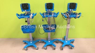 3 x GE Carescape V100 Dinamap Patient Monitors on Stands with Power Supplies and Various Leads (All Power Up)
