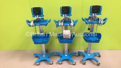 3 x GE Carescape V100 Dinamap Patient Monitors on Stands with Power Supplies and Various Leads (2 x Power Up, 1 x No Power)