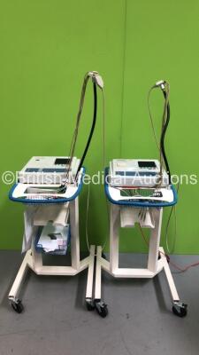 2 x Schiller AT-102 ECG Machines on Stands with 2 x 10-Lead ECG Leads (1 x Powers Up, 1 x No Power) *H* * SN 070.07055 / 070.06717*