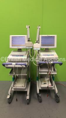 2 x Nihon Kohden ECG-1550K Cardiofax V ECG Machines on Stands with 2 x 10 Lead ECG Leads (Both Power Up) *GI*