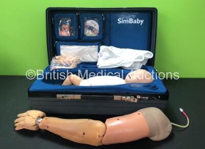 Laerdal SimBaby Patient Simulator with Accessories in Case (1 x Case Clip Damaged - See Photos) and 1 x Patient Arm Simulator (Damaged - See Photos)