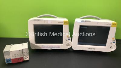 Job Lot Including 1 x Philips IntelliVue MP30 Patient Monitor (Powers Up with Missing Dial - See Photos) 1 x Philips IntelliVue MP30 Anesthesia Monitor (No Power) 1 x Philips ECG/Resp Module, 1 x Philips NBP Module and 1 x Agilent SpO2/Pleth Module