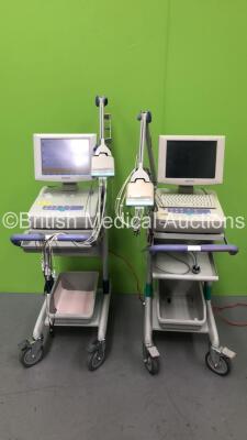 2 x Nihon Kohden ECG-1550K Cardiofax V ECG Machines on Stands with 2 x 10 Lead ECG Leads (1 x Powers Up, 1 x No Power) *GI*