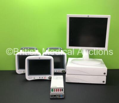 Job Lot Including 3 x GE Transport Pro Patient Monitors (Untested Due to No Power Supply, 1 x Missing Handle - See Photos) 1 x GE TRAM 451N Module with ECG, TEMP/CO, BP and NBP Options, 2 x GE CareScape MP100D Central Stations and 1 x GE USE1913A Monitor 