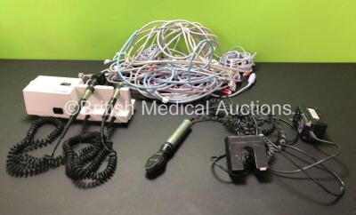 Mixed Lot Including 1 x Welch Allyn 767 Series Wall Mounted Ophthalmoscope Transformer with 1 x Attachment, 1 x Keeler Vista Ophthalmoscope (Damaged Plug and Wear to Cable - See Photos) and Various Patient Monitoring Cables *RI*