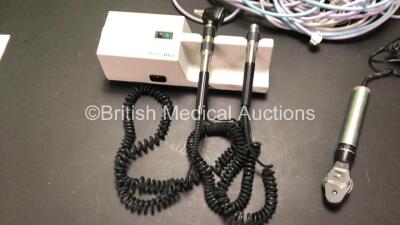 Mixed Lot Including 1 x Welch Allyn 767 Series Wall Mounted Ophthalmoscope Transformer with 1 x Attachment, 1 x Keeler Vista Ophthalmoscope (Damaged Plug and Wear to Cable - See Photos) and Various Patient Monitoring Cables *RI* - 2