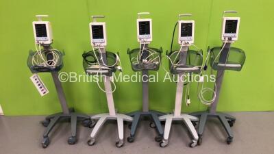 5 x Datascope Duo Vital Signs Monitors on Stands with SPO2 Finger Sensors and BP Hoses (All Power Up)
