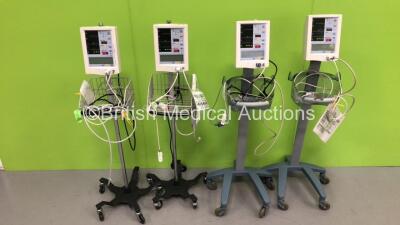 4 x Datascope Accutorr Plus Vital Signs Monitors on Stands with SPO2 Finger Sensors and BP Hoses (All Power Up)
