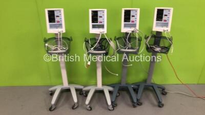 4 x Datascope Accutorr Plus Vital Signs Monitors on Stands with SPO2 Finger Sensors and BP Hoses (All Power Up)