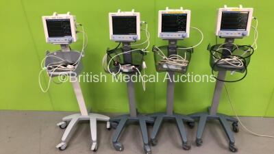 4 x Datascope Tiro Patient Monitors on Stands with 3 x SPO2 Finger Sensors and 4 x BP Hoses (All Power Up)