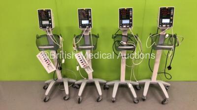 4 x Mindray Datascope Accutorr V Vital Signs Monitors on Stands with SPO2 Finger Sensors and BP Hoses (All Power Up)