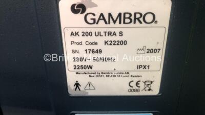 3 x Gambro AK 200 Ultra S Dialysis Machines Software Version 10.11 (1 x Power Up - 1 x Powers Up with Blank Screen and Alarm - 1 x No Power) *S/N 17648 / 21783 / 17649* - 5