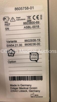 Drager Primus Anaesthesia Machine Software Version 4.53.00 - Operating Hours Mixer 16157 Ventilator 7194 and Hoses (Powers Up) *S/N ASBL-0018* **Mfd 2010* - 6