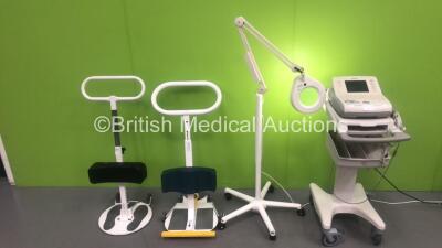 1 x Luxo Patient Examination Lamp on Stand (Powers Up), 2 x Standing Aids and 1 x Philips PageWriter Trim II ECG Machine on Stand with 10 Lead ECG Leads (Powers Up) *S/N FS0124123*
